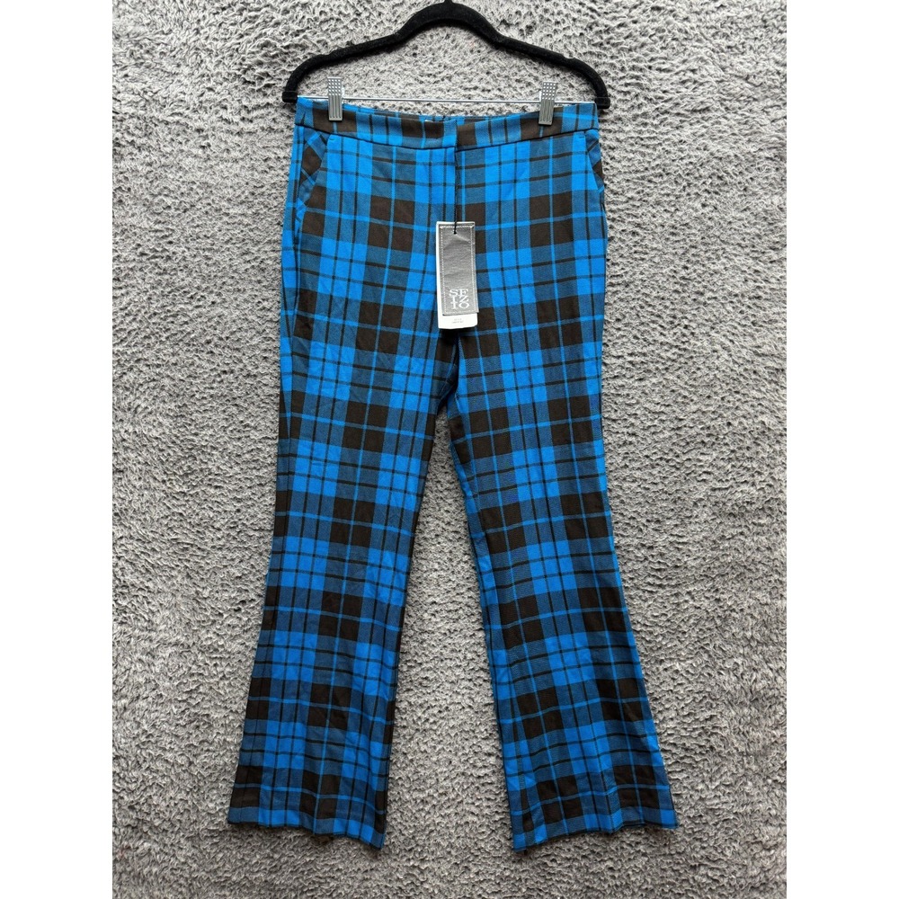 NWT Sfizio Donna High Rise Plaid Flared Dress Pants‎ Blue Black Womens Size S